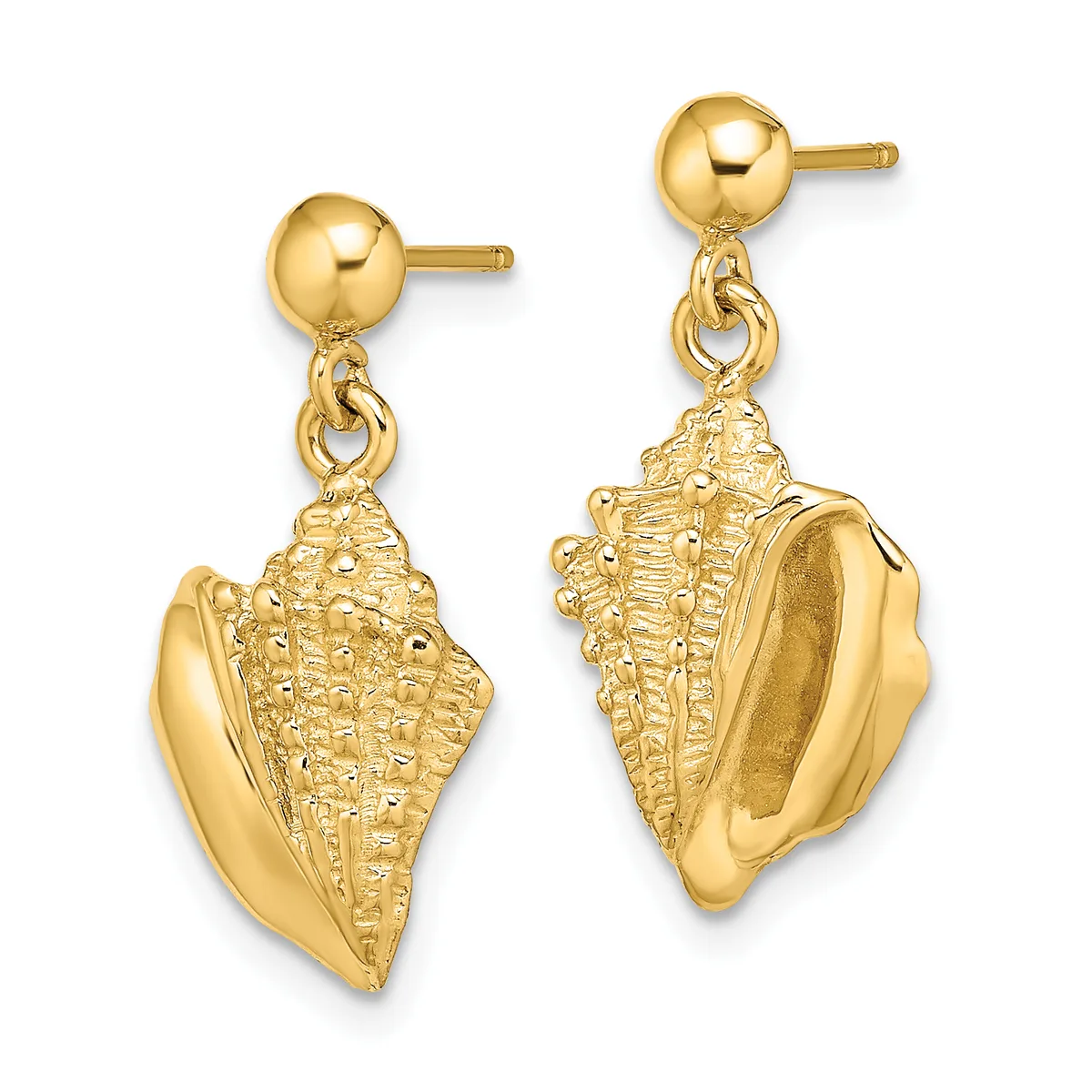Pair of gold shell-shaped dangle earrings with ball studs, shown from front and back views.