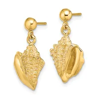 Pair of gold shell-shaped dangle earrings with ball studs, shown from front and back views.