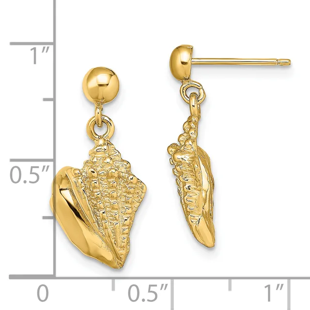 Pair of gold seashell dangle earrings with polished ball studs, shown against a measurement scale indicating approximately one inch in length.