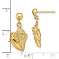 Pair of gold seashell dangle earrings with polished ball studs, shown against a measurement scale indicating approximately one inch in length.