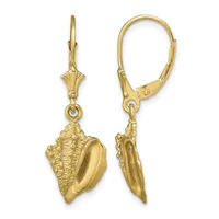 Pair of gold conch shell dangle earrings with lever-back closures, shown from front and back views.