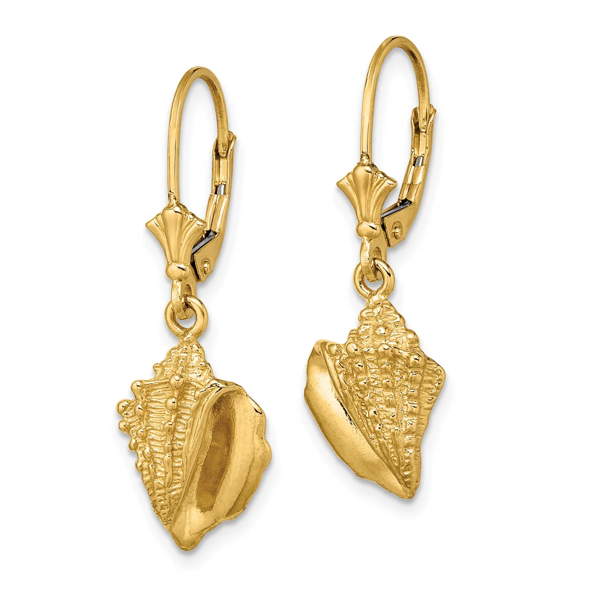 Pair of gold seashell-shaped dangle earrings with textured details and lever-back closures, shown from front and back views.