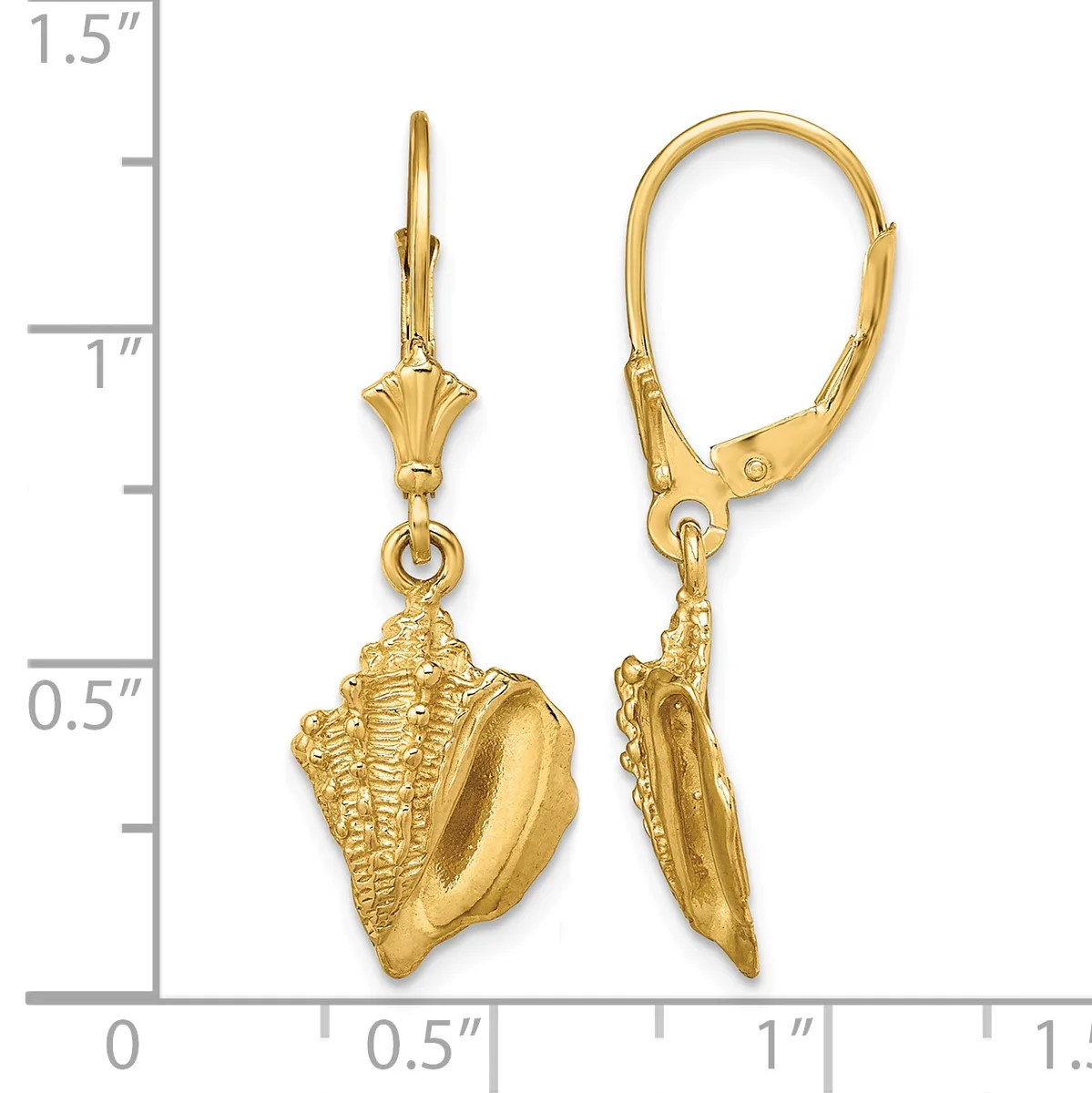 Pair of gold conch shell dangle earrings with lever backs, shown front and side view against a measurement scale.