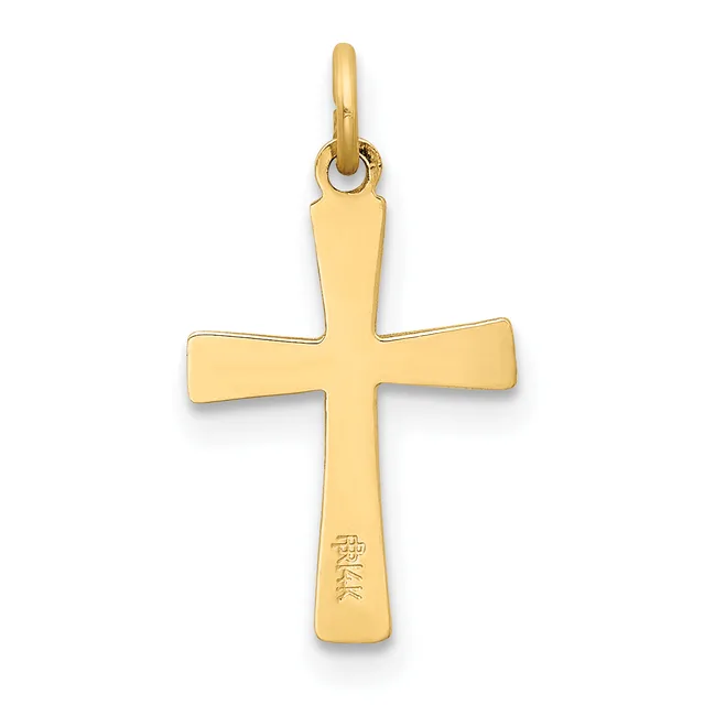 A polished gold cross pendant with a rounded loop at the top and a small stamped hallmark on the lower arm.