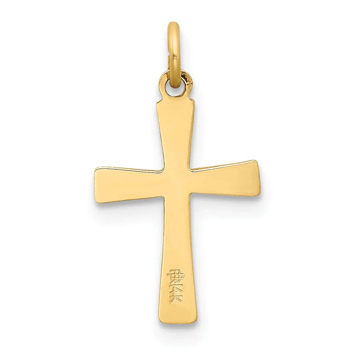 A polished gold cross pendant with a rounded loop at the top and a small stamped hallmark on the lower arm.