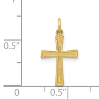 Gold cross pendant with textured surface and loop bail, shown next to a ruler indicating approximately half an inch in height.