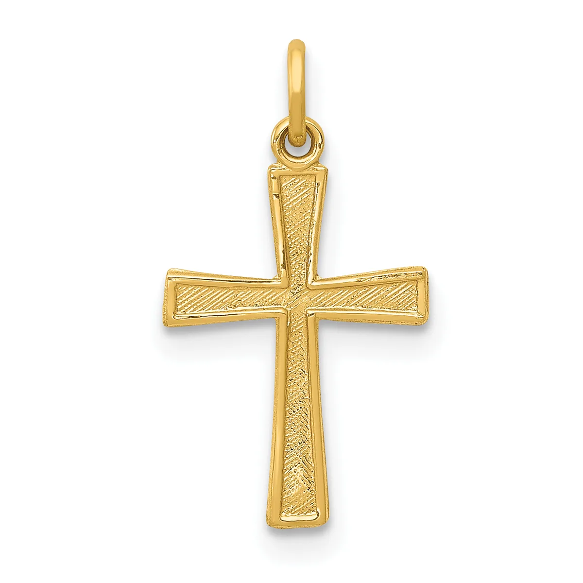 Gold cross pendant with textured surface and a small loop at the top for hanging on a chain.