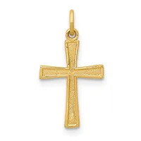 Gold cross pendant with textured surface and a small loop at the top for hanging on a chain.