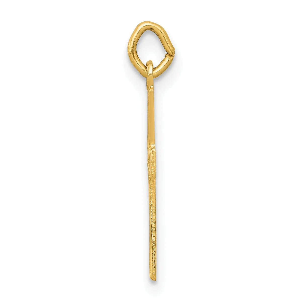 A long, thin gold pendant with a textured shaft and an oval loop at the top for threading through a chain.