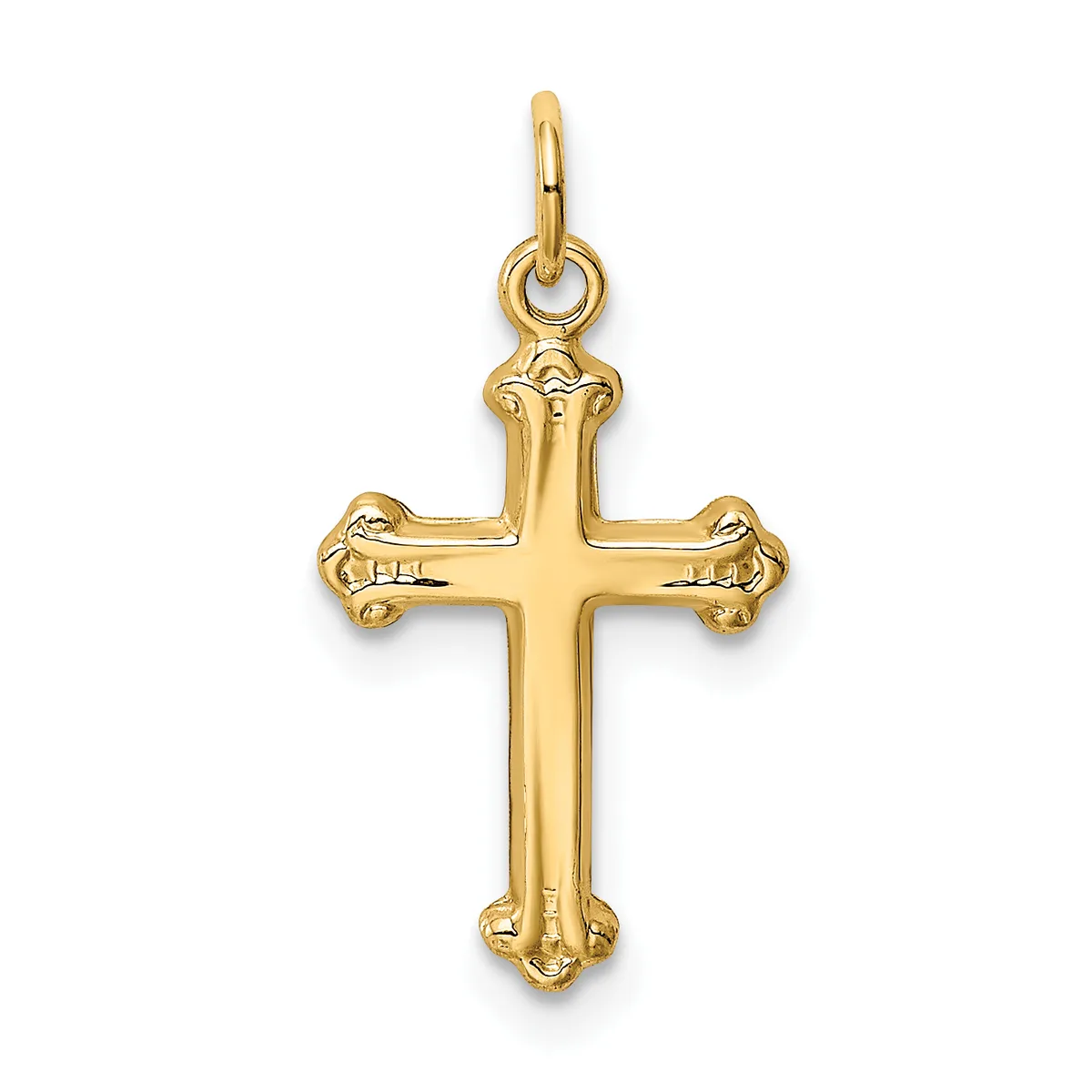 A gold cross pendant with ornate flared ends and a small loop at the top for hanging.