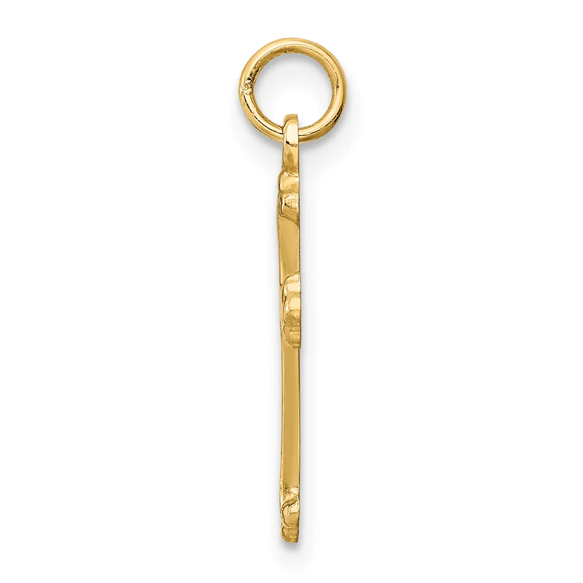 A gold pendant charm consisting of a round loop at the top connected to a long rectangular bar with a textured hammered finish.