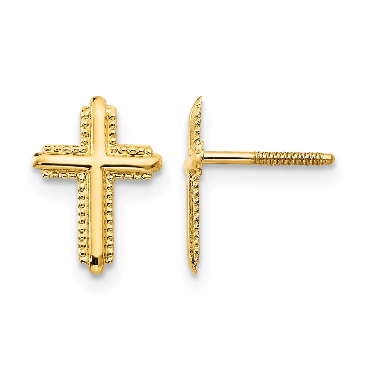 Pair of gold cross stud earrings with textured beaded edges shown from front and side views.