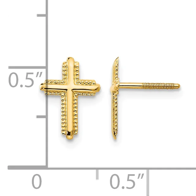 Pair of gold cross stud earrings with beaded texture detail, shown front and side view with measurement scale indicating approximately 0.5 inches in height.