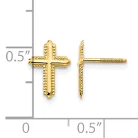 Pair of gold cross stud earrings with beaded texture detail, shown front and side view with measurement scale indicating approximately 0.5 inches in height.