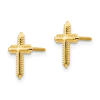 A pair of gold cross earrings with decorative beaded edges and threaded posts, shown from the front.