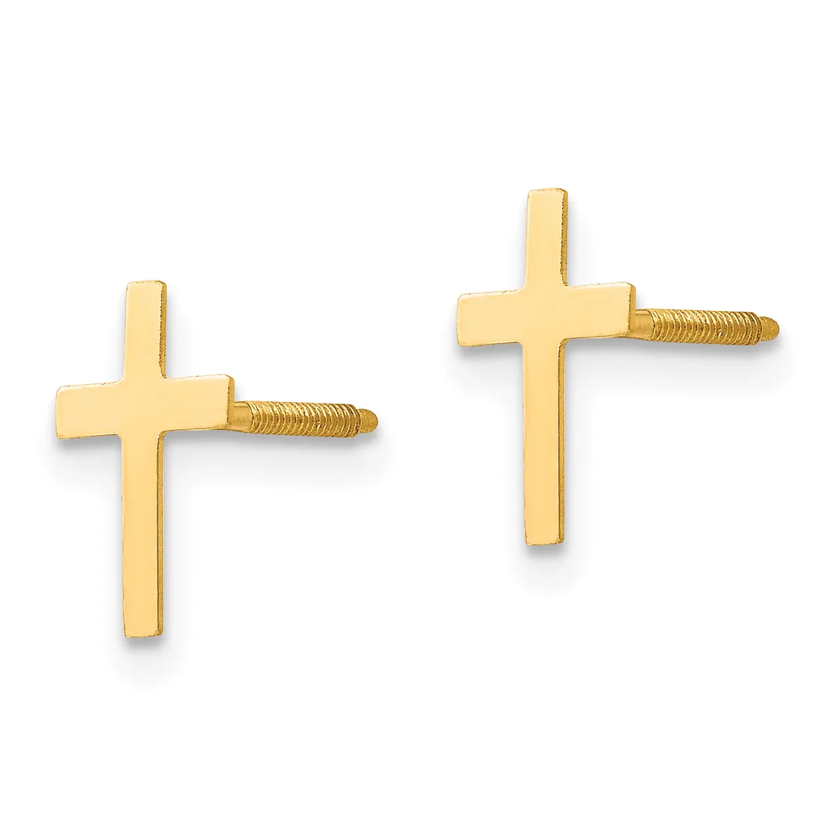 A pair of gold cross stud earrings with screw backs, shown against a white background.