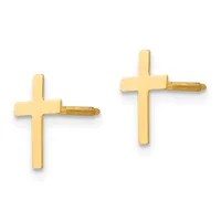 A pair of gold cross stud earrings with screw backs, shown against a white background.