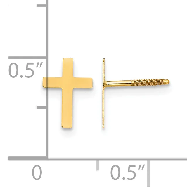 A pair of gold cross stud earrings shown front and side view against a measurement scale, each approximately 0.5 inches tall with a threaded post and clutch back.