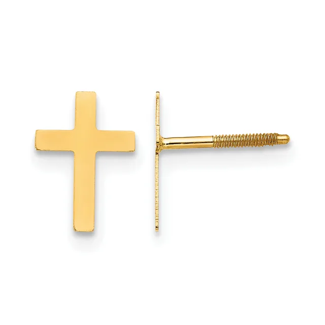 A pair of gold cross stud earrings shown from front and side views, featuring polished crosses with threaded posts and screw backs.