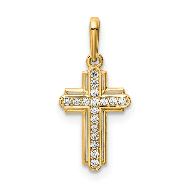 A gold cross pendant with a rectangular frame outline and a center column filled with small round diamonds, suspended from a gold bail.