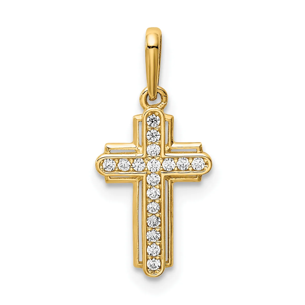 A gold cross pendant with a rectangular frame outline and a center column filled with small round diamonds, suspended from a gold bail.