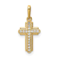 A gold cross pendant with a rectangular frame outline and a center column filled with small round diamonds, suspended from a gold bail.