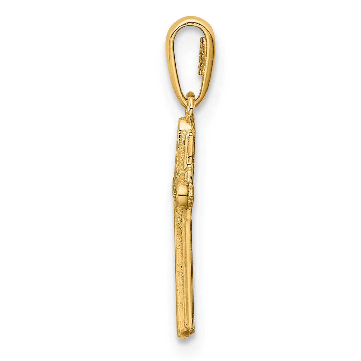 A gold-colored metal pendant charm featuring a cylindrical tube with decorative detailing, suspended from an oval-shaped bail loop.