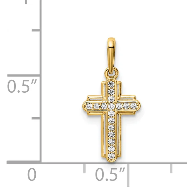 Gold cross pendant with crystal rhinestones set in a grid pattern, shown next to a ruler indicating approximately 0.5 inches in height.