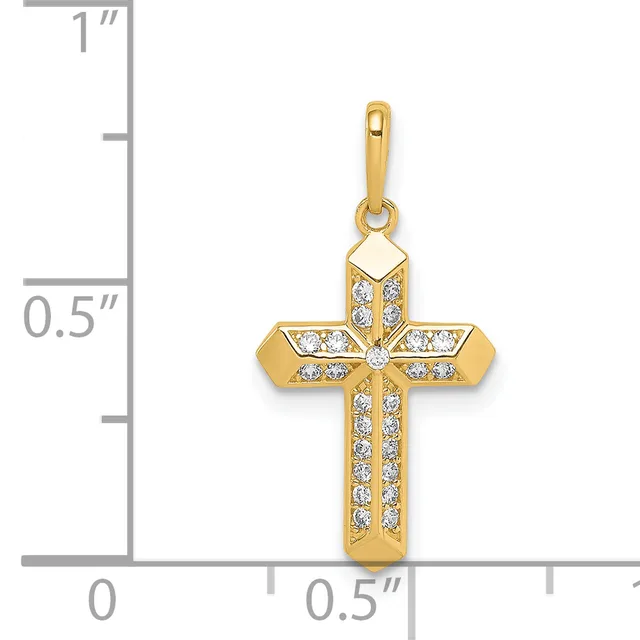 Gold cross pendant with cubic zirconia stones arranged in a geometric pattern, shown against a measurement scale indicating approximately one inch in height.