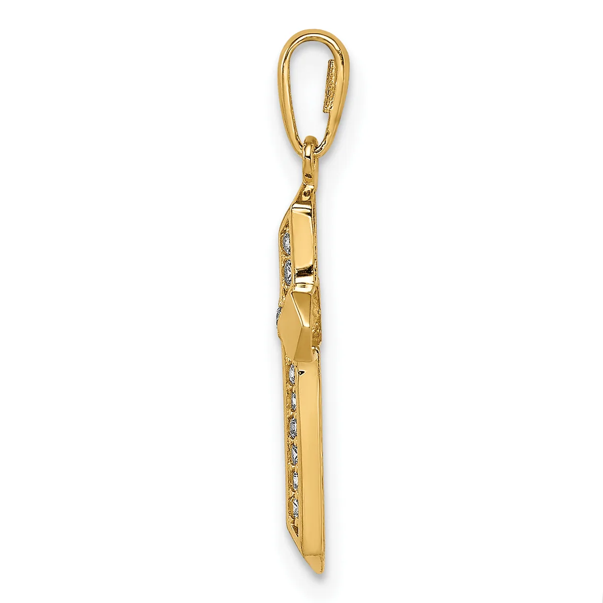 Gold-toned pendant with diamond accents shaped like a sword or dagger, suspended from a gold bail loop.