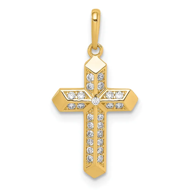 A gold cross pendant with diamond accents arranged in a geometric pattern, featuring a polished gold frame with a small hallmark, suspended from a gold bail.