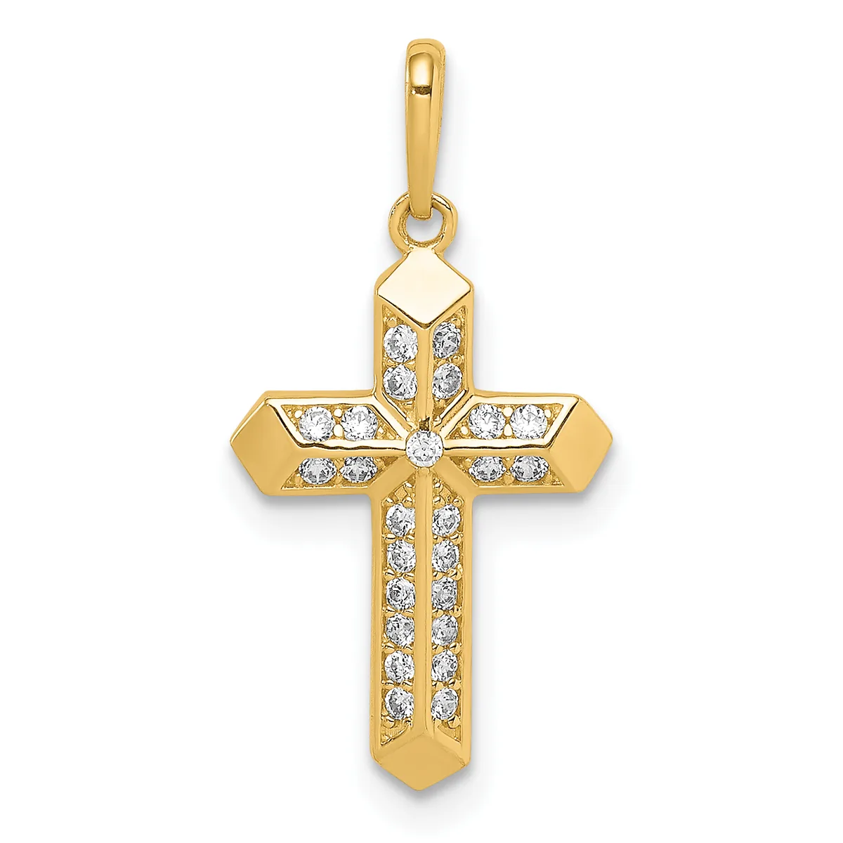 A gold cross pendant with diamond accents arranged in a geometric pattern, featuring a polished gold frame with a small hallmark, suspended from a gold bail.