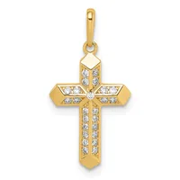 A gold cross pendant with diamond accents arranged in a geometric pattern, featuring a polished gold frame with a small hallmark, suspended from a gold bail.