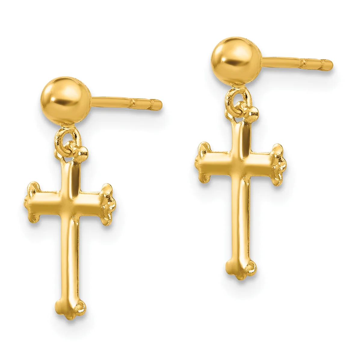 A pair of gold drop earrings with ball studs at the top and ornate cross pendants with decorative floral details at the ends.