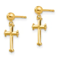 A pair of gold drop earrings with ball studs at the top and ornate cross pendants with decorative floral details at the ends.