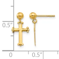 Gold-toned cross dangle earrings with ball studs, shown next to a ruler indicating approximately 0.5 inches in length.