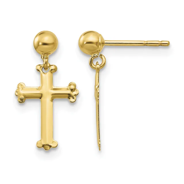 Pair of gold cross dangle earrings with ball studs, shown from front and side views.