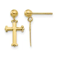 Pair of gold cross dangle earrings with ball studs, shown from front and side views.