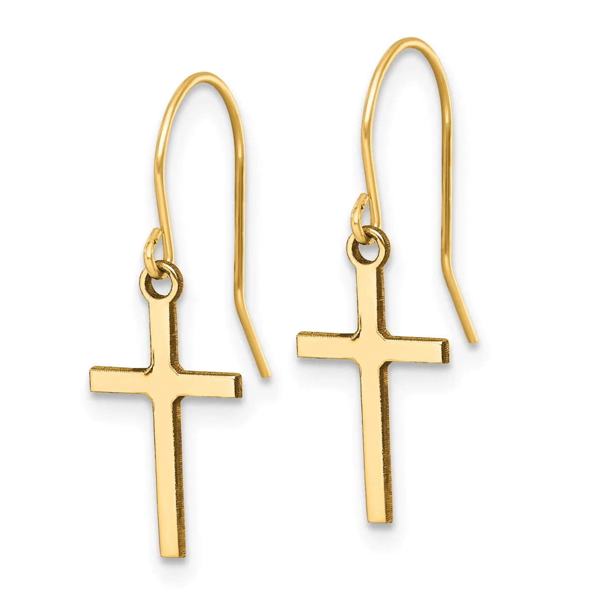 Pair of gold cross earrings with fish hook wires, displayed against a white background.