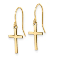 Pair of gold cross earrings with fish hook wires, displayed against a white background.