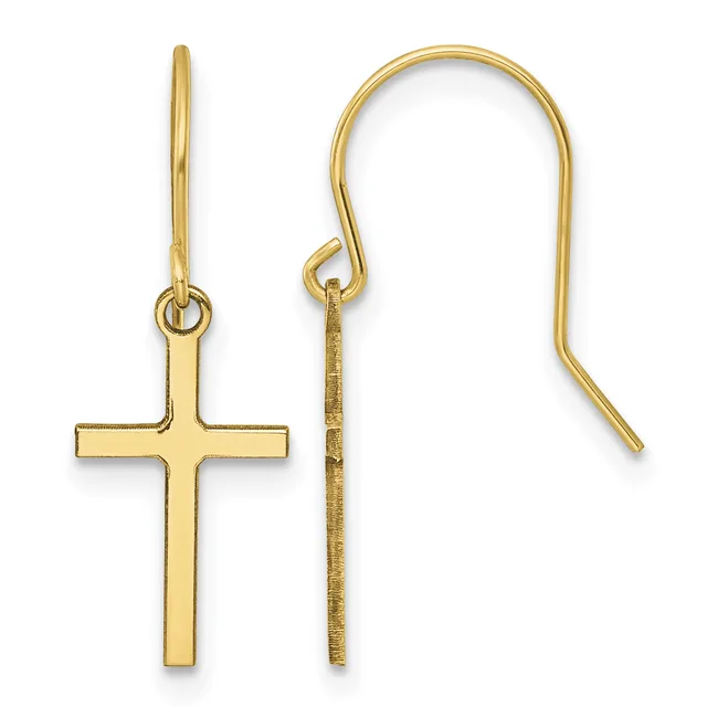 Pair of gold cross earrings with fish hook closures, shown from front and side views.