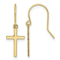 Pair of gold cross earrings with fish hook closures, shown from front and side views.