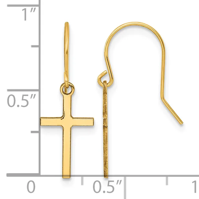 Gold cross earrings with long ear wires displayed next to a ruler showing approximately one inch in length.