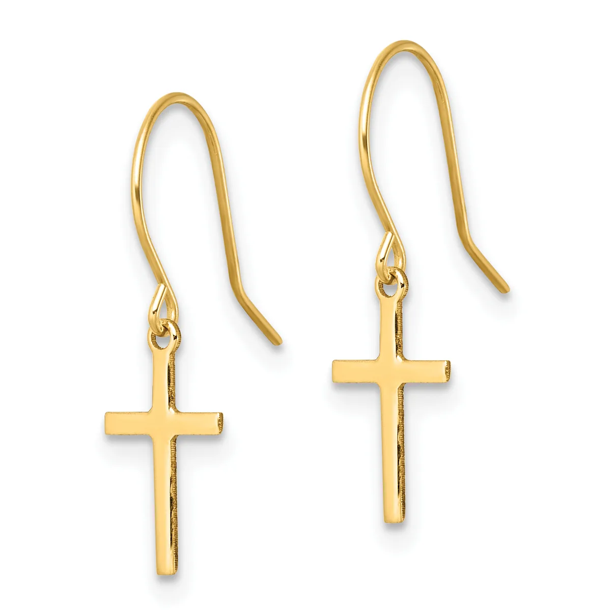 Pair of gold-toned cross earrings with curved hook ear wires, displayed against a white background.