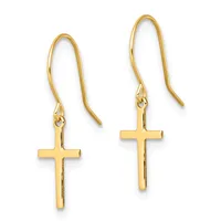 Pair of gold-toned cross earrings with curved hook ear wires, displayed against a white background.
