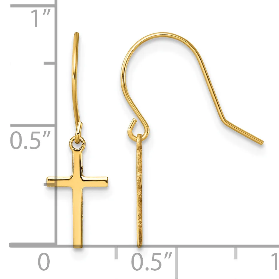 Gold-toned cross earrings with fishhook wires displayed next to a ruler showing approximately one inch in length.