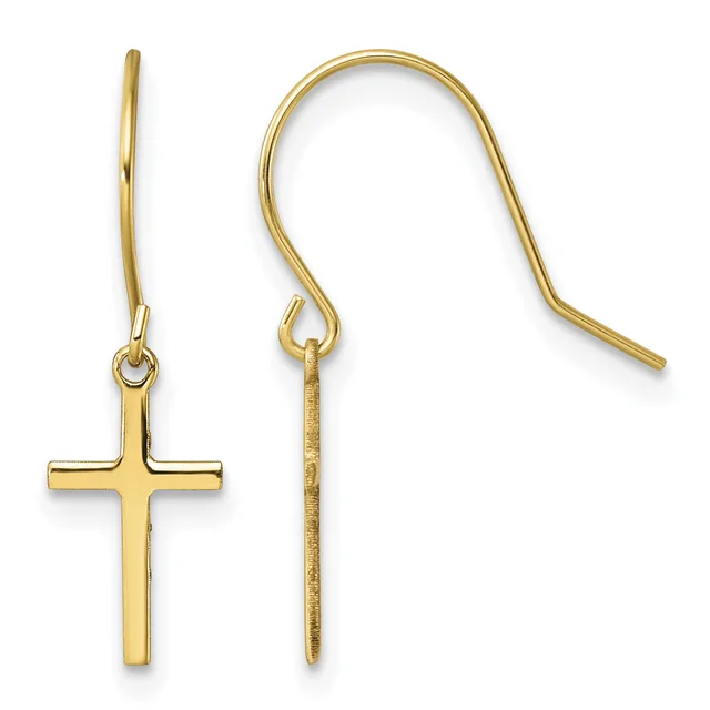 A pair of gold-colored cross earrings with fish hook closures displayed against a white background.