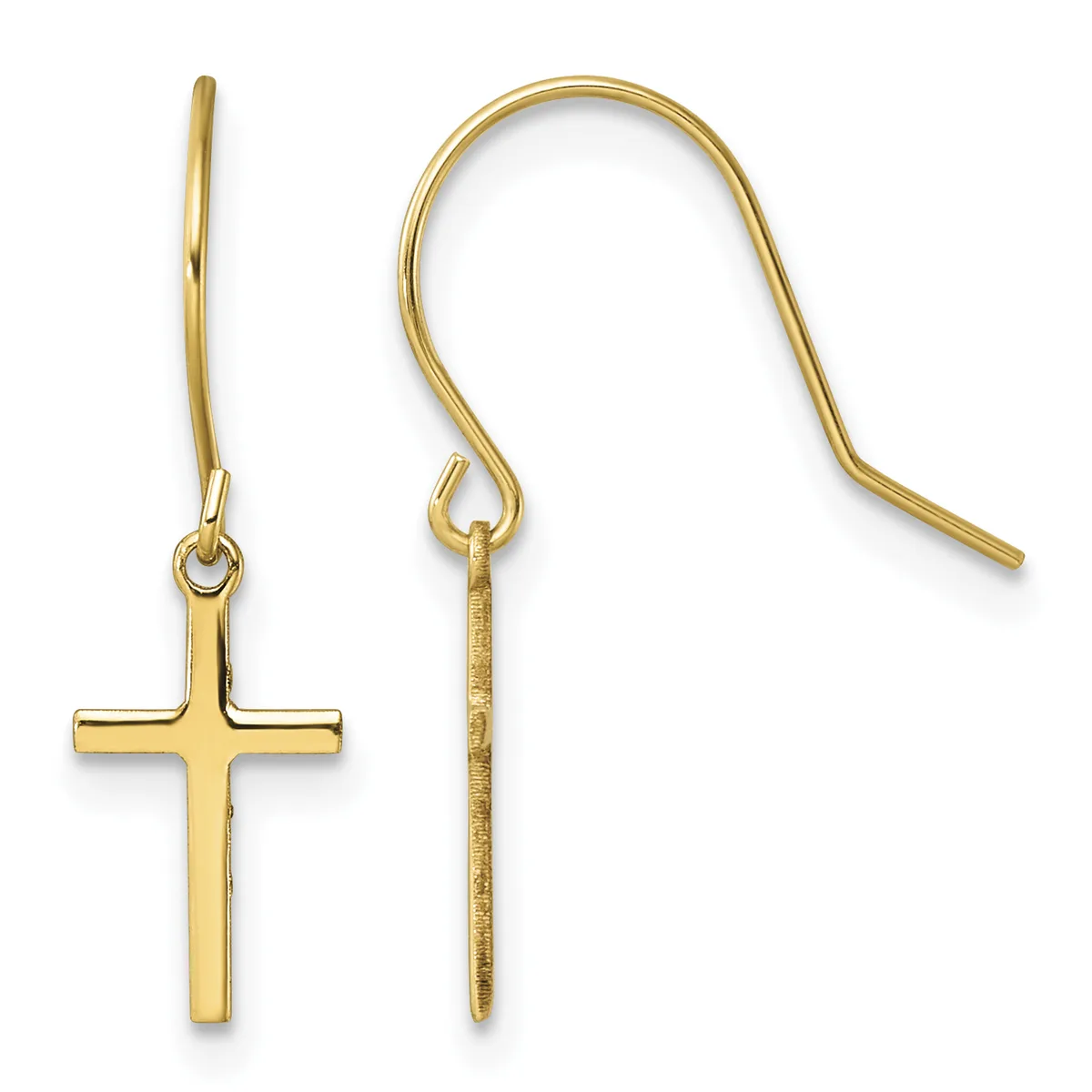 A pair of gold-colored cross earrings with fish hook closures displayed against a white background.