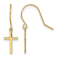 A pair of gold-colored cross earrings with fish hook closures displayed against a white background.
