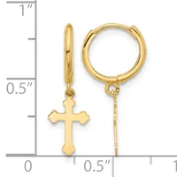 Pair of gold-toned hoop earrings with dangling cross charms, shown next to a measurement scale indicating approximately one inch in length.